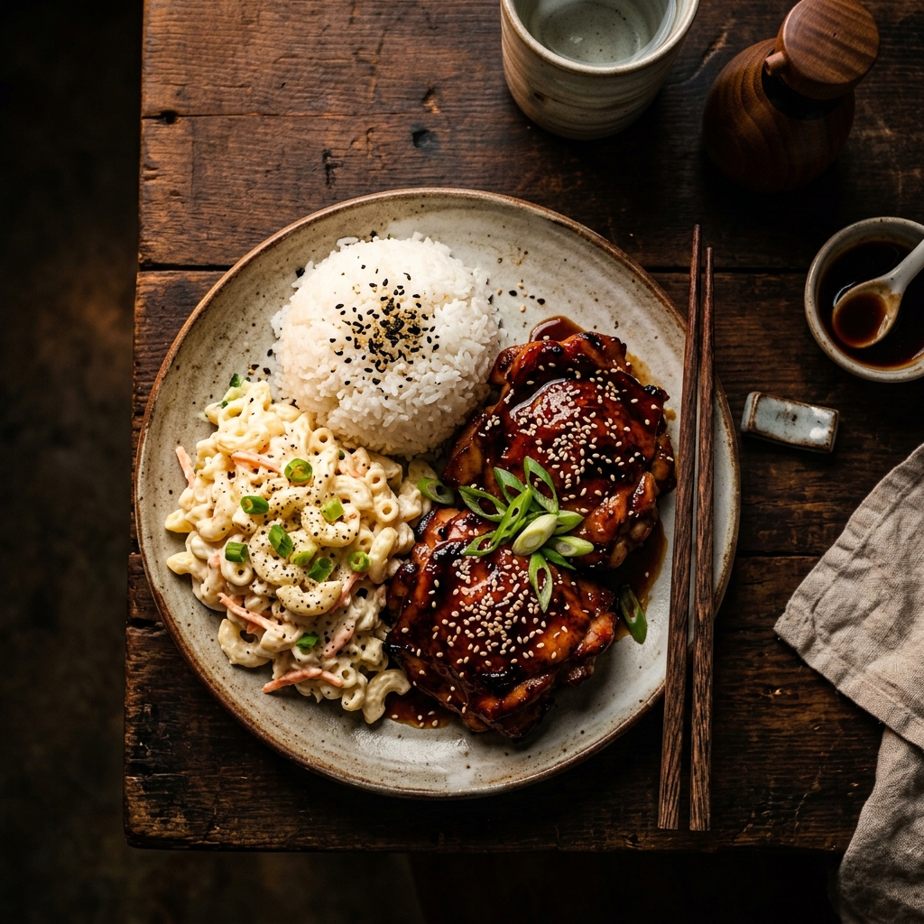 Hawaiian plate lunch with rice, macaroni salad, and teriyaki chicken